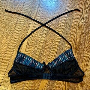 Avidlove Black Mesh Halter Bra with green plaid and black bow embellishment XL